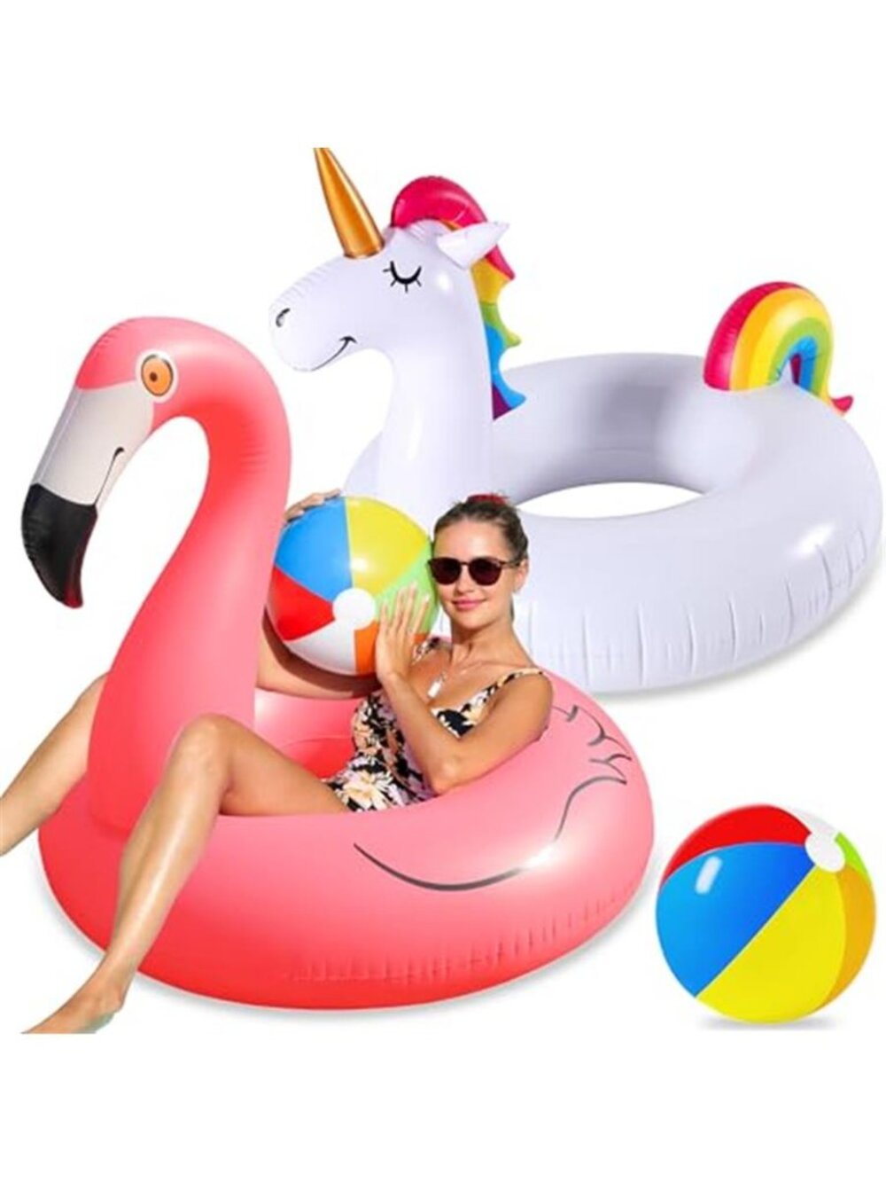 Inflatable Unicorn Flamingo Pool Float Set Adult Lake Beach Raft w/ Beach Balls